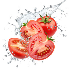 Fresh Sliced Tomatoes with Water Splash &ndash; PNG Image Isolated on Transparent Background for Food and Beverage Design