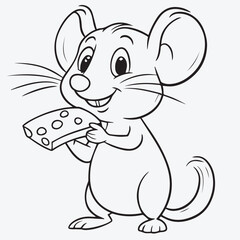 A minimalist vector outline of a mouse holding a piece of cheese, perfect for children's coloring books, a drawing of no color, children coloring books and illustrations, Vector EPS, transparent