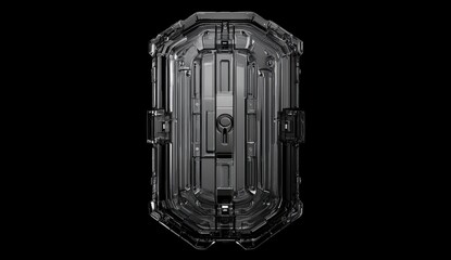 Futuristic, metallic shield-like device