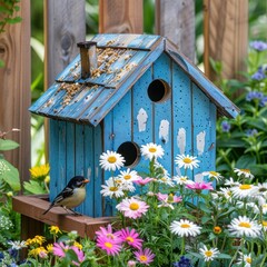 Bluebird house in garden, flowers, wooden fence