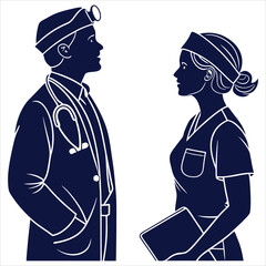silhouette Doctor and Nurse line icons set on white background