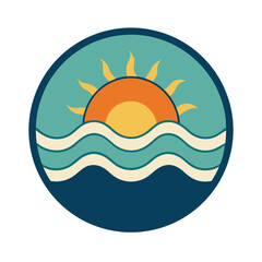 Retro Sunset Over Water Circle Graphic