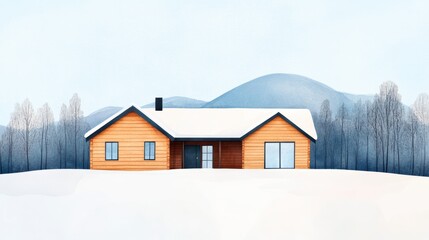 A serene winter landscape featuring a wooden house surrounded by snow-covered ground and mountains in the background.