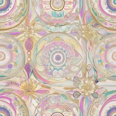 Ornate seamless pattern tile background featuring symmetrical mandalas and floral motifs in soft pastel colors