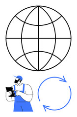 Man in blue uniform holding tablet, globe outline symbolizing global reach, circular arrows for sustainability. Ideal for logistics, recycling, global trade, teamwork, technology, eco-effort