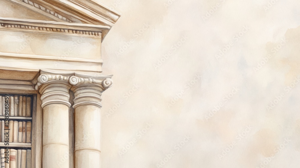 Poster a serene illustration of a classical architectural structure featuring ornate columns and shelves of
