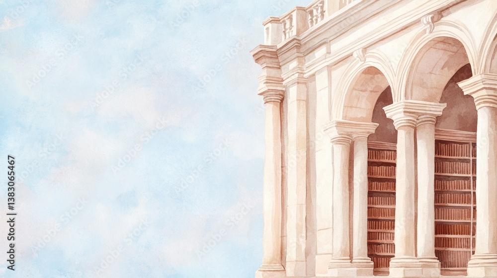 Poster a beautiful architectural structure featuring elegant columns and shelves filled with books against 