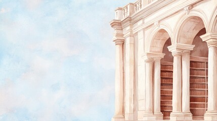 Obraz premium A beautiful architectural structure featuring elegant columns and shelves filled with books against a soft blue sky.