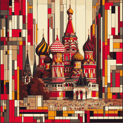 Vibrant Cubist Architectural Interpretation of Saint Basil's Cathedral with Energetic Geometric Composition