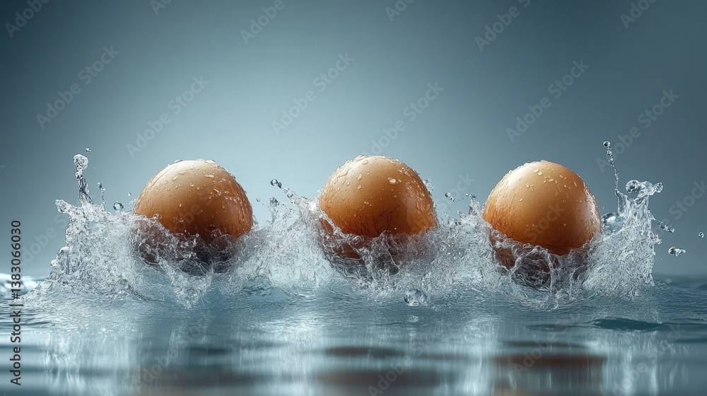 Poster three fresh eggs splashing in clear water creating dynamic movement and refreshing feel against a so