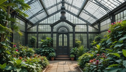 Ornate Black Metal Greenhouse with Lush Green Plants