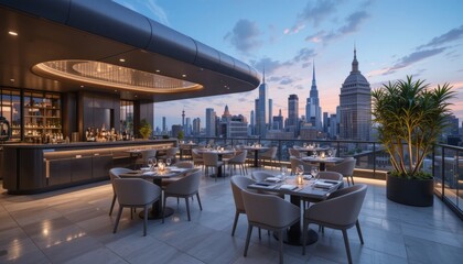 Rooftop Restaurant with City Skyline at Sunset