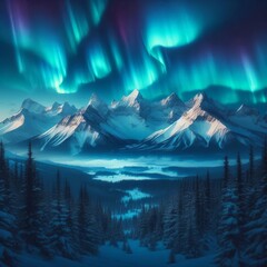 Aurora Over Snow Capped Mountains Snowy peaks rise beyond the fo