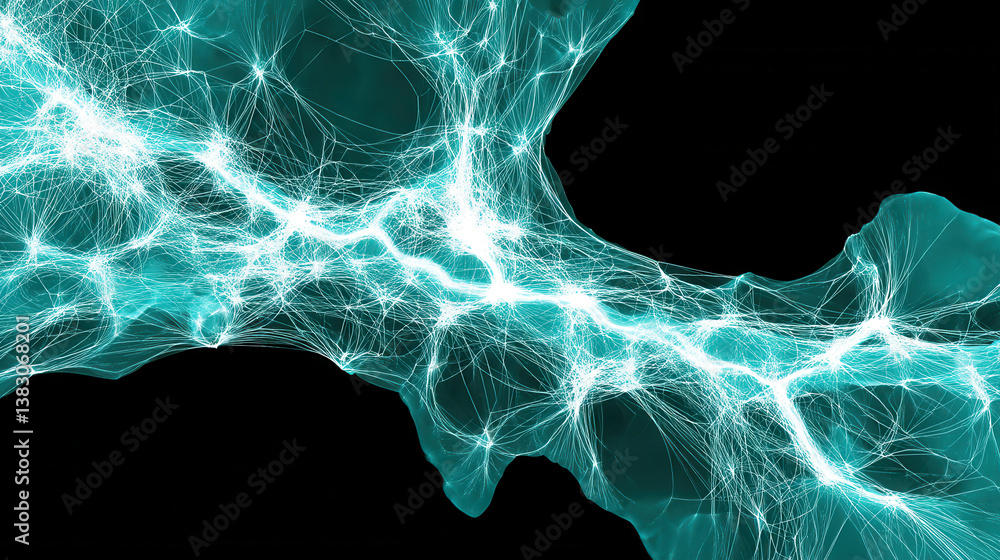 Poster glowing neural network style visualization with interconnected nodes and lines, resembling data flow or brain activity