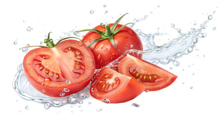 Fresh Sliced Tomatoes with Water Splash &ndash; PNG Image Isolated on Transparent Background for Food and Beverage Design