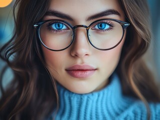 Portrait of a woman with blue eyes wearing eyeglasses in front of a blurred background