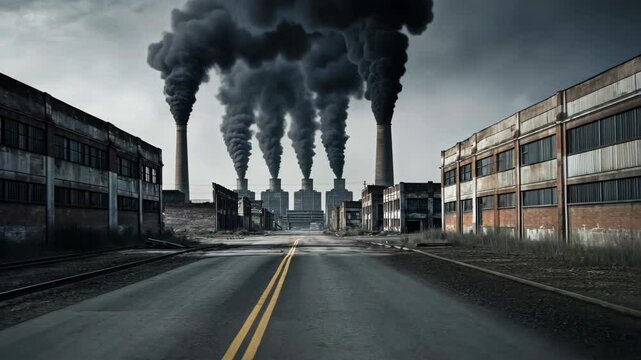 Grim industrial landscape featuring towering chimneys spewing dark smoke and abandoned buildings