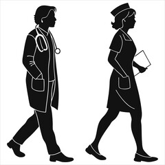 silhouette Doctor and Nurse line icons set on white background