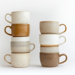Stacked Ceramic Coffee Mugs in Oatmeal and White Tones on White Background
