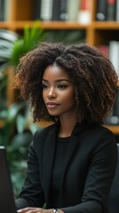 Confident woman working on laptop in office with bookshelf backdrop for business