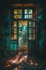 Enchanting View Through an Old Open Doorway Leading to a Lush Forest with Sunlight Streaming Through the Trees Vintage Style