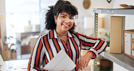 Portrait, business and woman with tablet for distribution, fashion ecommerce and boutique...