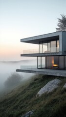 Modern Concrete House on Misty Hillside at Dawn