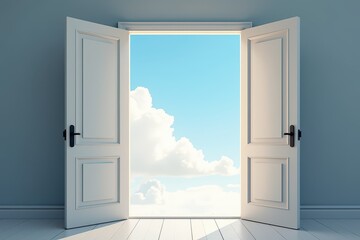 Open door with blue sky clouds view