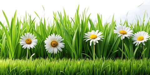 Real bright fresh green grass, cut lawn edge, with longer grass and daisy flowers behind in a spring and summer garden isolated against