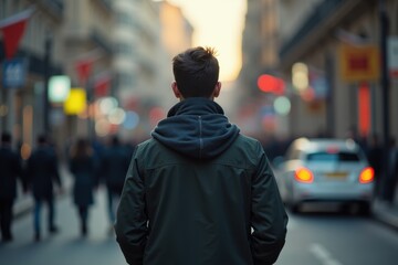 Fototapeta premium Man walking blurred city street sunset