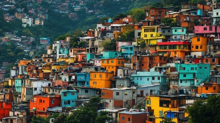 The colorful dwellings cling to the slope in organized chaos, reflecting both the beauty and resilience of urban life in a stunning natural setting.

