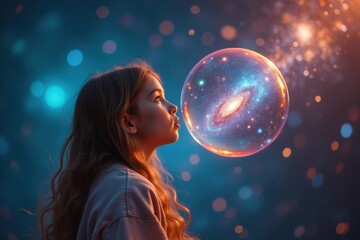 Naklejka premium Girl blowing bubble with galaxy , creative cosmic imagination art