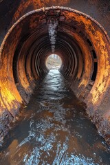 Naklejka premium Stream Flowing Through a Rusty Orange Metal Tunnel with Light at the End Perspective View Nature Landscape Industrial Structure Water Reflection Environment