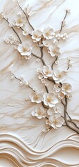 beautiful marble background curved ocean waves sakura flowers, white marble background with golden lines