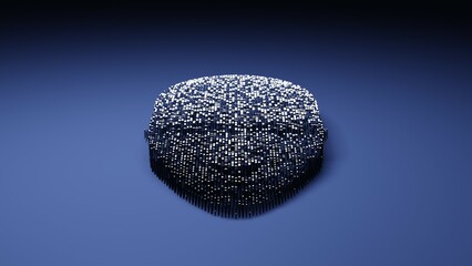 Illustration using a 3D technique of geometric squares assembled in a pin matrix form, showing the image of a human head.