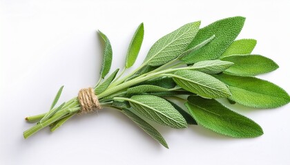 fresh sage herb against a white backdrop displayed from above with full depth of field flat lay