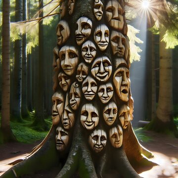Carve faces into the bark of a tree, blending nature with human features. These can be whimsical or mysterious.