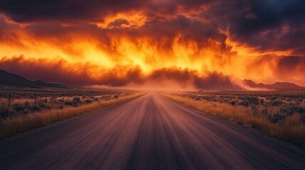 A towering dust wall sweeps across the horizon, casting an awe-inspiring shadow over the empty road as the sunset paints the sky in fiery hues.

