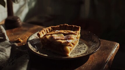 A Delicious Slice of Homemade Pie Dusted with Powdered Sugar on a Vintage Plate Resting on a Dark Wooden Table with Warm Sunlight Glow