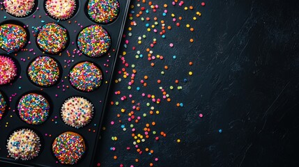 A Vibrant Display of Colorful Cupcakes Topped with Sprinkles on a Black Baking Tray Set Against a Dark Surface with Rainbow Sprinkles Scattered Around