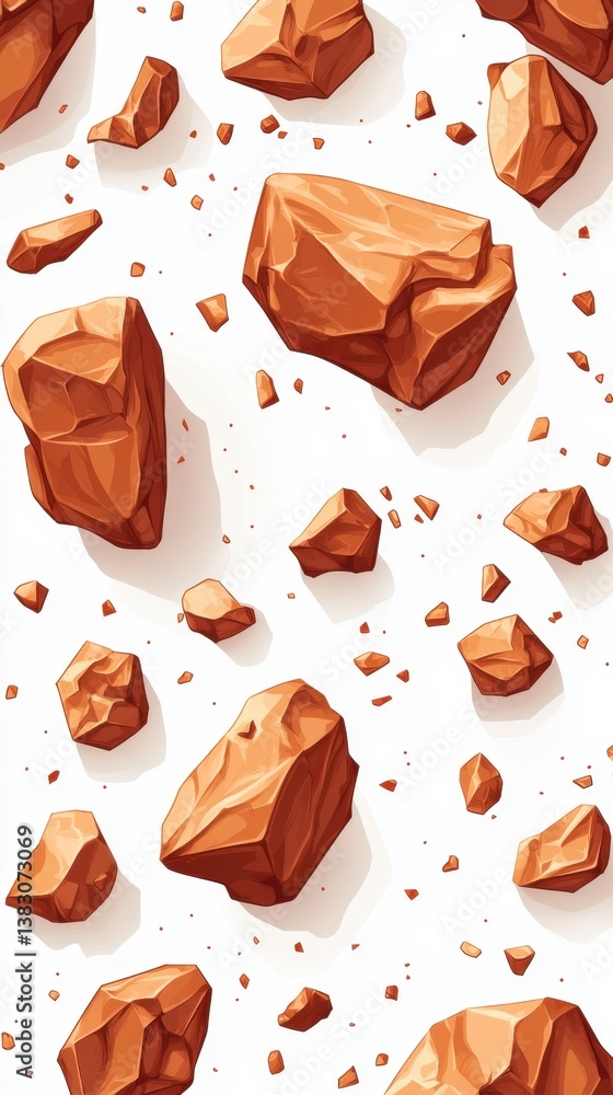 Poster cartoonish brown rocks scattered on white background creating a visually appealing seamless pattern 