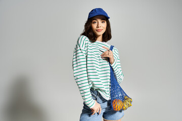 Bright summer vibes with a stylish young woman showcasing trendy casual wear and a playful attitude