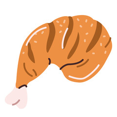 Hot delicious grilled chicken thigh. Vector illustration of fried chicken leg in a flat style, isolated on a white background