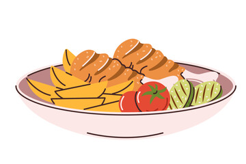 A plate with fried chicken legs, potatoes, grilled zucchini and tomatoes. Vector illustration in flat style, isolated on a white background