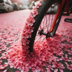 Coral pink cherry petals adhere to bike tires leaving floral tra
