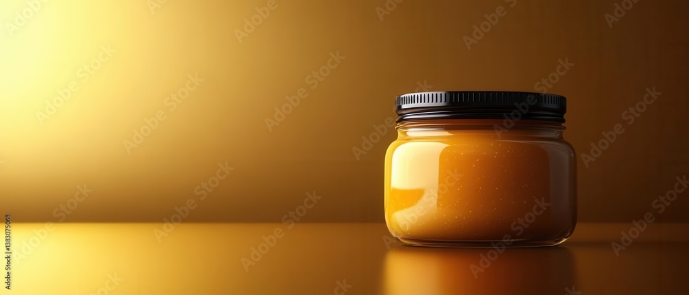 Poster golden jar of honey on a reflective surface with warm lighting creating a cozy and inviting atmosphe