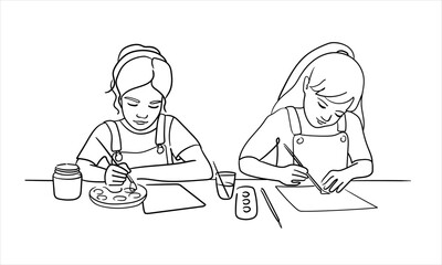 Girls draws on paper, continious line drawing. 
Student, hobby, drawing. Vector illustration