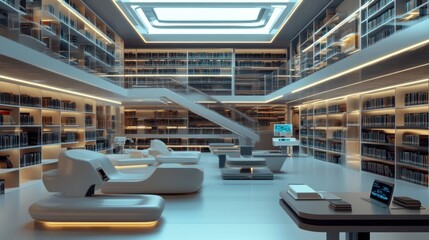 Fototapeta premium Futuristic library interior, reading lounge, glass staircase, bookshelves, research