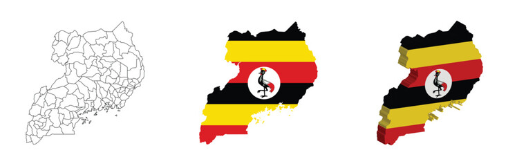 Uganda outline, fill with flag and 3d map