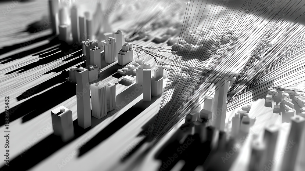 Poster futuristic 3d cityscape with abstract data lines and shadows, evoking dystopian and technological at